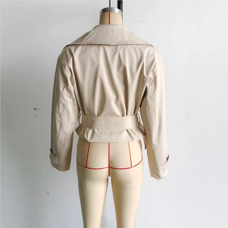 LIZAKOSHT  -  Fashion Simple Cropped Windbreaker Jackets Women New Spring Belt Long Sleeve Double Breasted Coats Solid Casual Short Coats