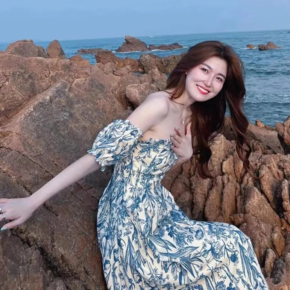 LIZAKOSHT  -  Summer New Vocation Lady Vestidos Vintage Blue Print Bow Lace-up Sling Dress For Women High Waist Pleated A-line Mini Dresses