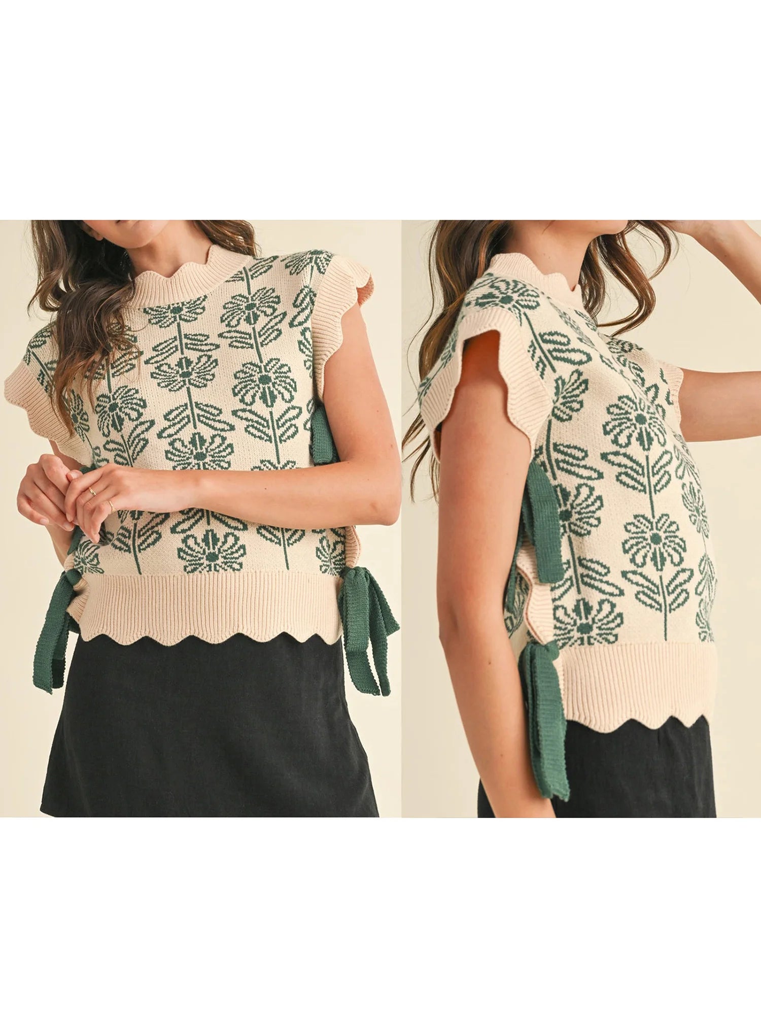 LIZAKOSHT  -  Women s Floral Patterned Knit Vest with Scalloped Trim Crew Neck Side Tie Bow and Sleeveless Design - Stylish Sweater Top