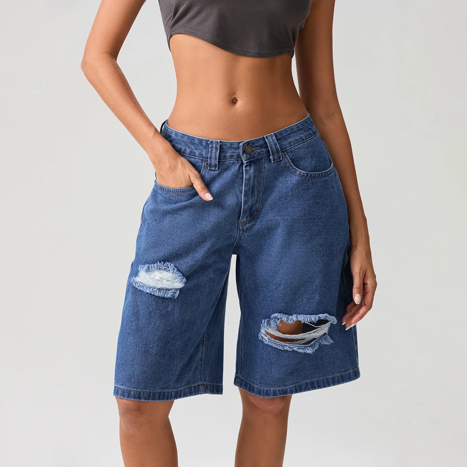 LIZAKOSHT  -  Women's Y2k Carpenter Jean Shorts Casual Hole Loose Fit Wide Leg High Rise Prewashed Denim Jorts Vintage Cow Girl Outfits