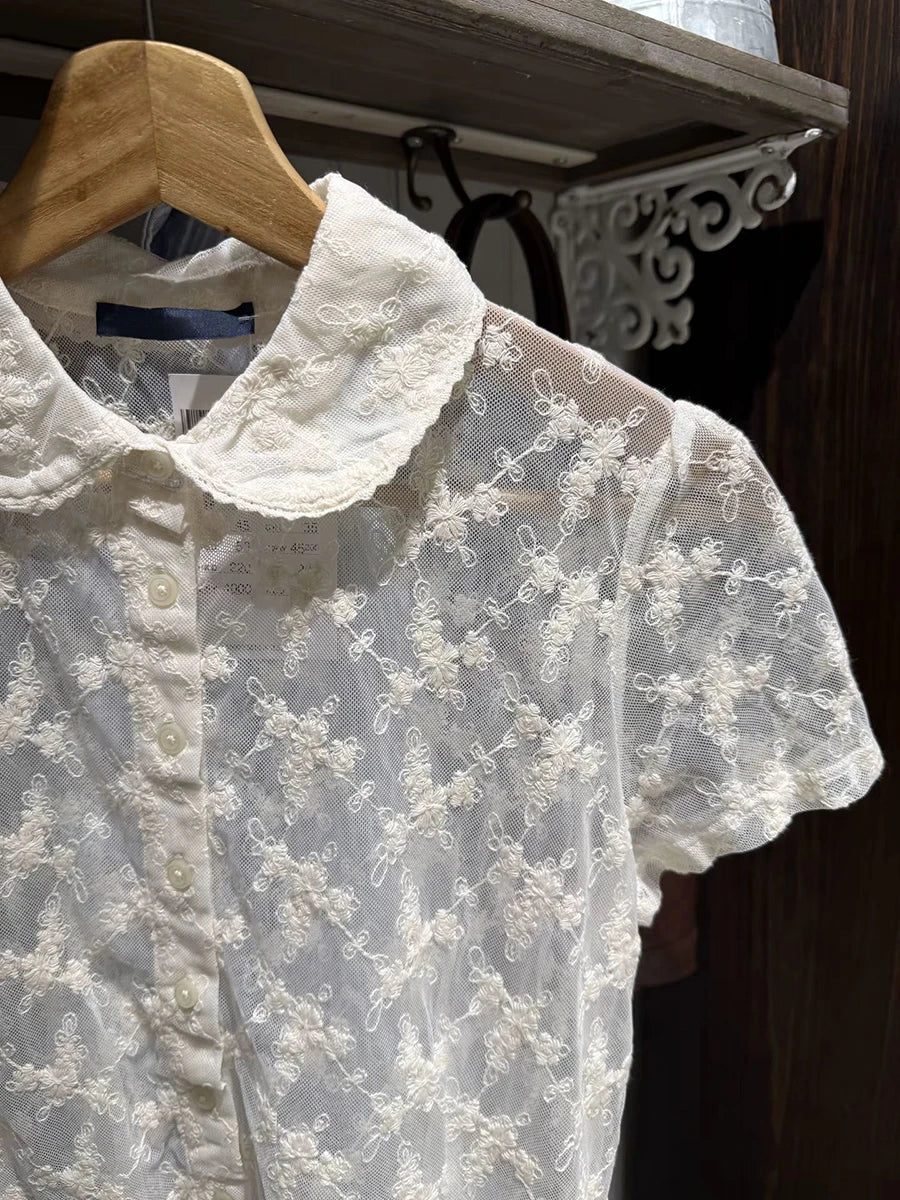 LIZAKOSHT  -   Lace See Through Beige Blouse T-shirt Woman Summer Turn Down Collar Single Breasted Short Sleeve Shirts Sweet Transparent Tshirt