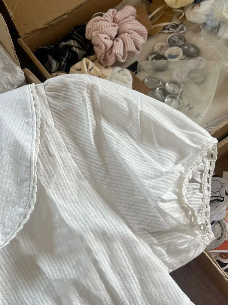 LIZAKOSHT  -  Lace Trim White Striped T-shirt Blouse Woman Summer Back Lace-up Short Puff Sleeve Shirt Vintage Sweet Slim Solid Crop Tops Y2k