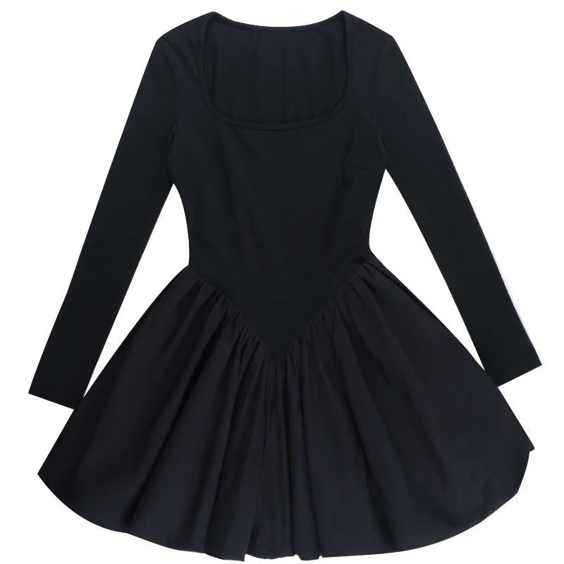 LIZAKOSHT  -  Classic Black Princess Fluffy Dress For Women Elegant Crew Neck Long-sleeved High Waist Pleated Mini Gowns Party Streetwear