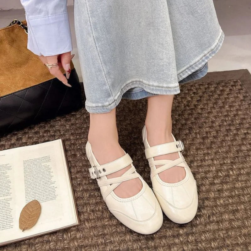 LIZAKOSHT  -   Matte Ballet Mary Jane Flats Ladies Criss Cross Strap Slip on Vintage Soft Walking Footwear Suitable for Office Commute Casual