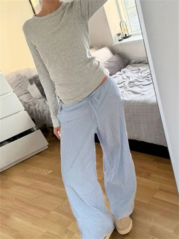 LIZAKOSHT  -  Streetwear Striped Print Loose Trousers Lace-up Joggers Fashion Y2K Baggy Pants Basic Aesthetic 90s Cute Bottoms