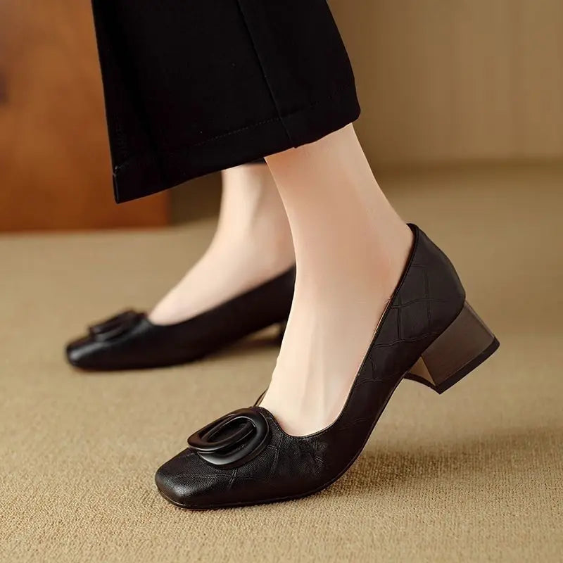 LIZAKOSHT  -  Soft Leather Comfortable Women's Single oes Spring Autumn Sle Square Head No Fatigue Thi Heel Match Skirt oes Casual