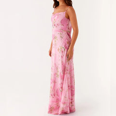 LIZAKOSHT  -  Floral Dress Women Spaghetti Strap Cowl Neck Backless Maxi Dresses Ladies Elegant Formal Long Dress Club Party Night