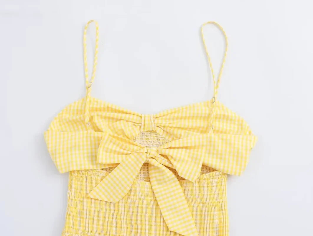 LIZAKOSHT  -  New Fashion Vintage Beach Mini Dress for Women 2024 Summer Holiday Women Casual Small Plaid Bow Yellow Dress Elegant Vestidos
