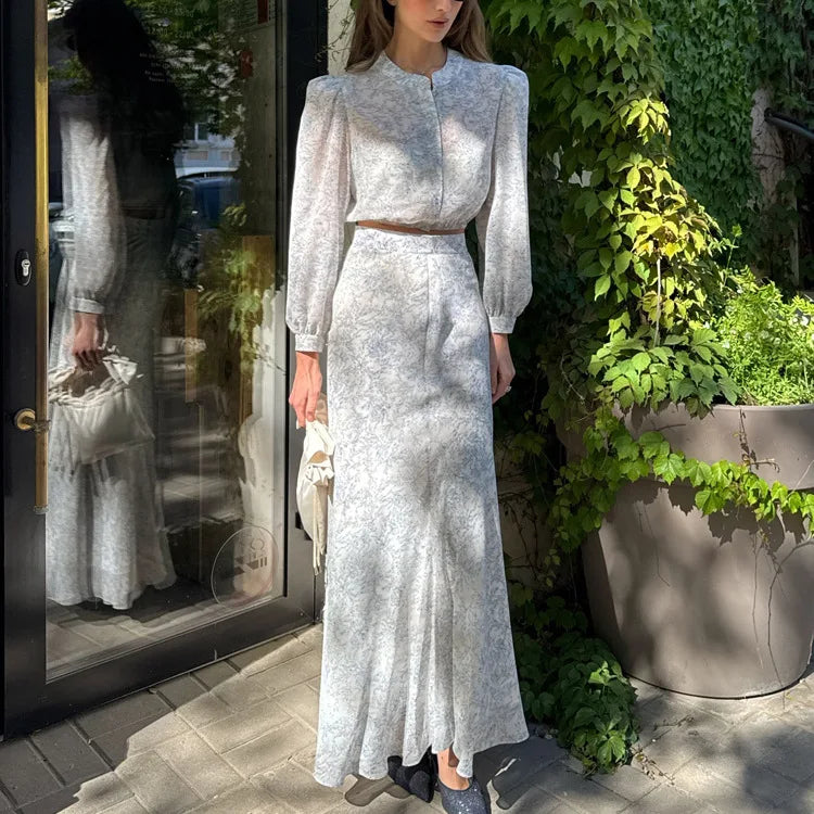 LIZAKOSHT  -  Commute Printed Female 2 Piece-Set Long Skirt Patchwork High Waist Short Top And Slim Maxi Skirt Sets New Women's Outfits