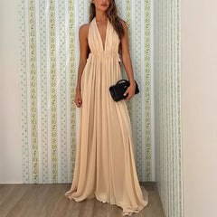 LIZAKOSHT  -  New Summer Deep V-neck Long Evening Dress with Folded Hanging Neck and backless Dress