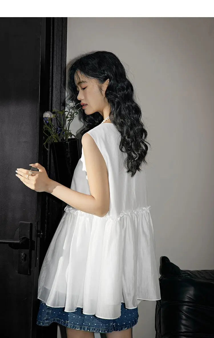 LIZAKOSHT  -  Sleeveless Doll Shirt with Ruffled Hem in Summer Slim Temperament Wind Vest Suspender Top Female