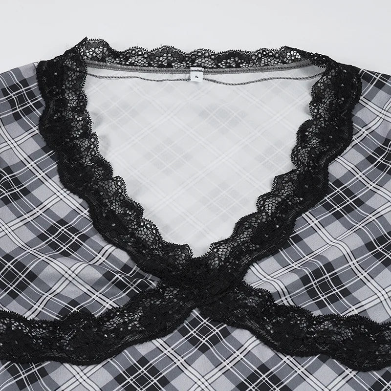 LIZAKOSHT  -  Y2K Lace Lace T Shirt Women Deep V Neck Plaid Long Sleeve Slim Fit Slimming Fashion Inner Top Pure Desire Sweet Style