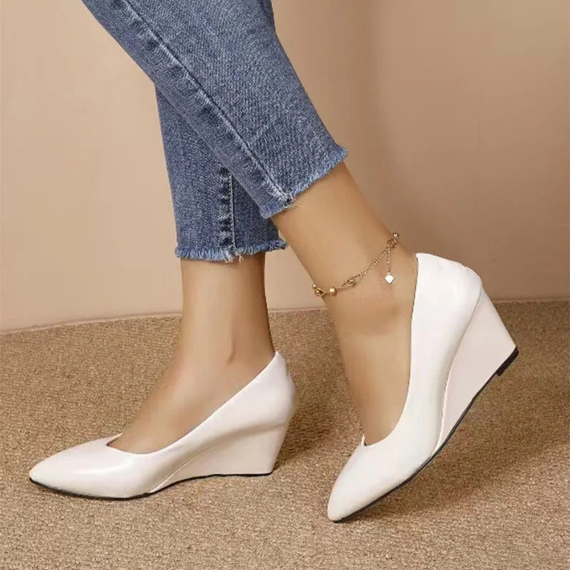 LIZAKOSHT  -  Spring New Wedges High Heels,Women Pumps,Shallow Out Office Work Shoes,Slip On,Pointed toe,Black,Red,White,35-42,Dropship