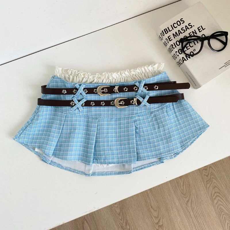 LIZAKOSHT  -  Aesthetic Designer Low-waisted Pink Plaid Short Skirt Women Hot Girl Y2k Double Belt Package Hip Thin Bouffant Skirts Outfits