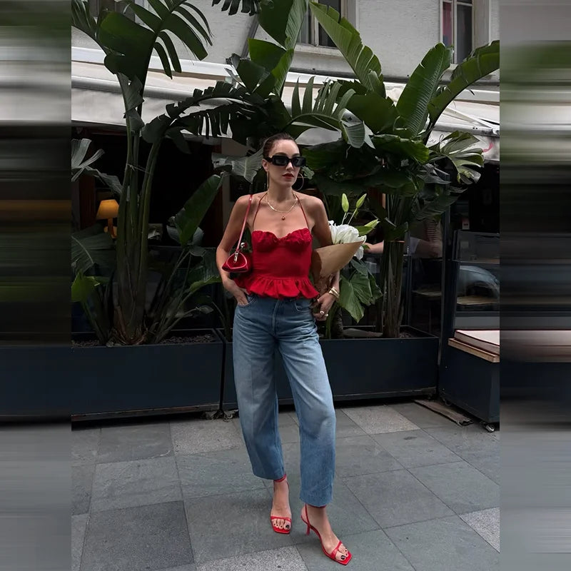 LIZAKOSHT  -  Red Halter Backless Ruffle Crop Top Women Ruched Bust Frill Hem Slim Fit Summer Casual Y2K Sleeveless Camisole for Beach Date