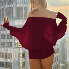 LIZAKOSHT  -  Bat Sleeve Mini Dress Women's Loose Comfortable Long Sleeve Hip Wrapping Skirt Elegant Sexy For Summer Self-cultivation Dress