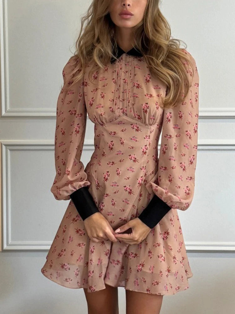 LIZAKOSHT  -  Fashion Printing Contrast Mini Dress For Women Turndown Collar High Waist Pleats Shirt Sleeve Patchwork Women's Mini Dress