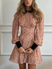 LIZAKOSHT  -  Fashion Printing Contrast Mini Dress For Women Turndown Collar High Waist Pleats Shirt Sleeve Patchwork Women's Mini Dress