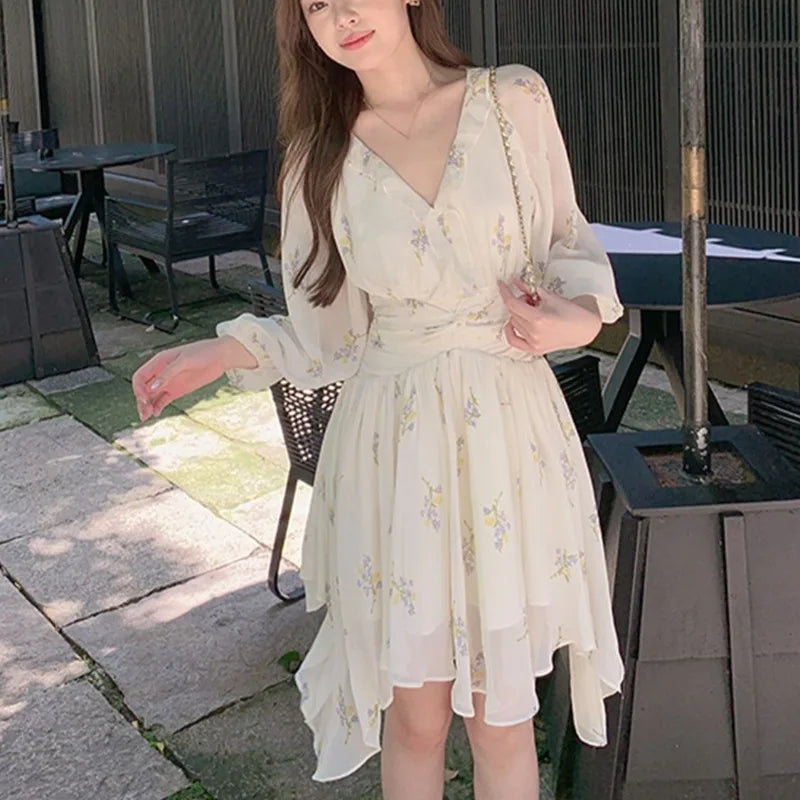 LIZAKOSHT  -  Print Floral Women Dresses Lantern Sleeve V Neck Ruffles Vestidos Mujer Korean Fashion Sweet Elegant Mini Dress