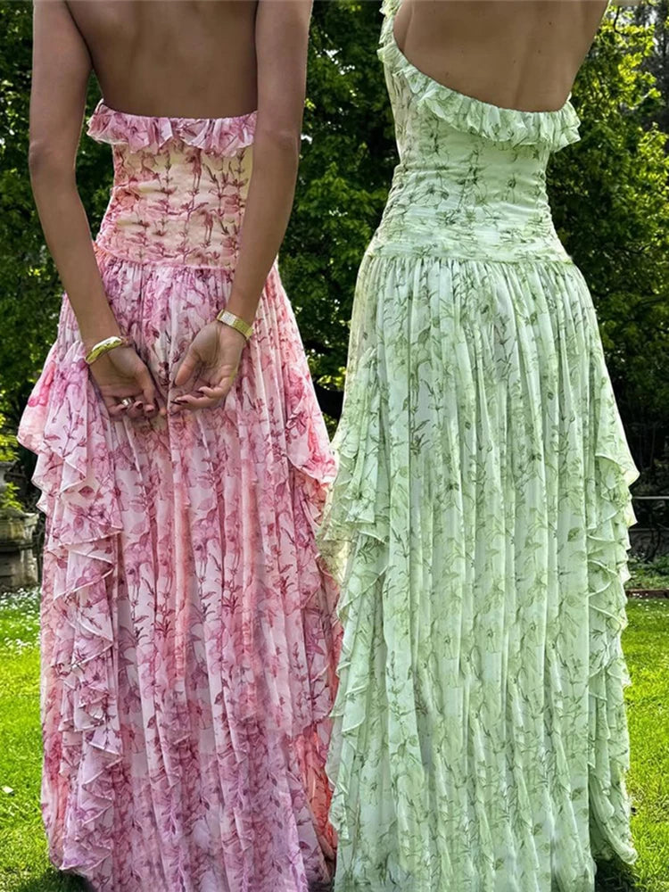 LIZAKOSHT  -  Pleated Trim Dresses Women Hipster Popular Halter V-neck Stacked Irregular Maxi Bodycon Mujer Elegant High Street Frock