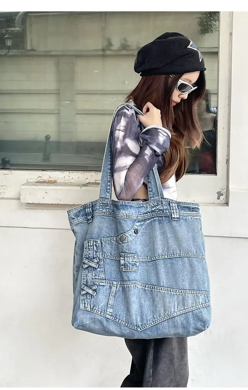 LIZAKOSHT  -  Fashion Washed Denim Women Handbag Large Capacity Casual Commute Big Tote Cowboy Female Shoulder Bags Blue Bolsos