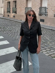 LIZAKOSHT  -  Single Breasted Short Sleeves Suit Jacket Woman Solid Color Slim Casual Coat Commuting Street Versatile Women's Fashion Jackets