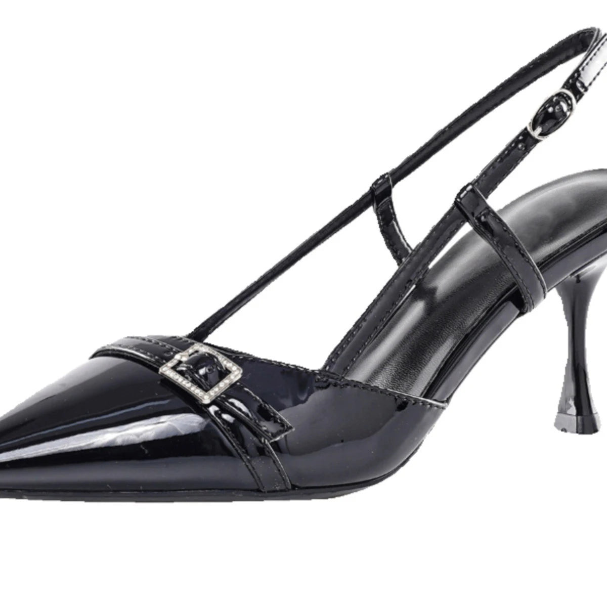 LIZAKOSHT  -  pointed toe japanned leather women sandals metal buckle slingback high heels summer shoes woman cutout sandalias de tacón