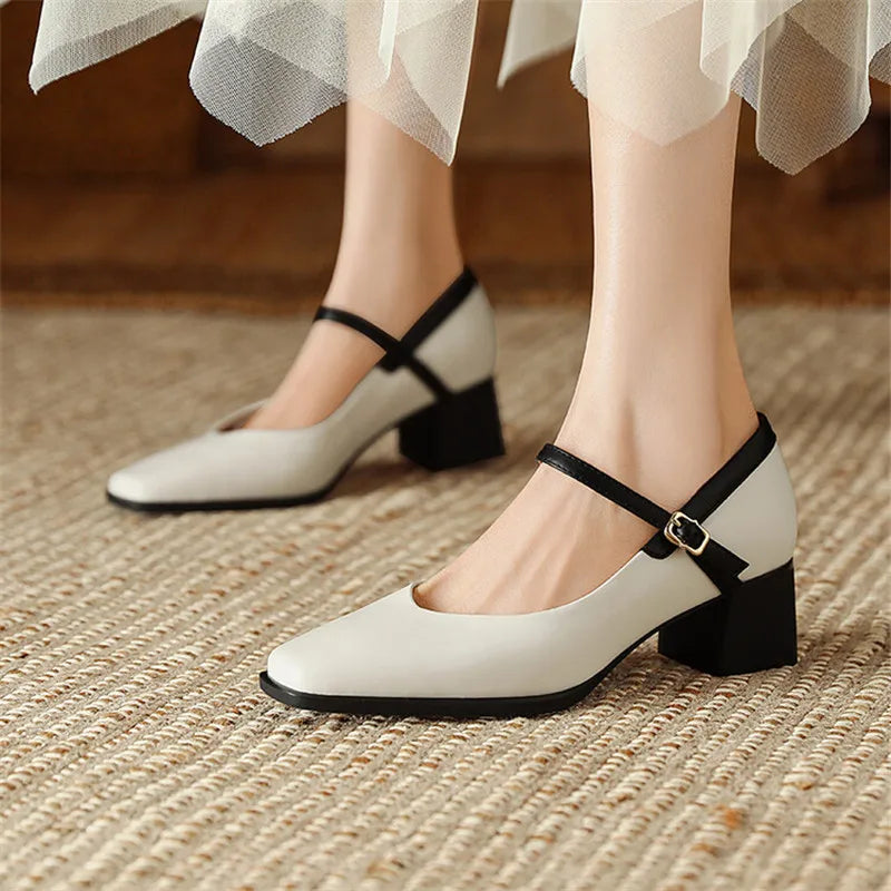LIZAKOSHT New Genuine Leather Vintage Women Shoes Fashion Square Toe Pumps Chunky Heel Spring Shoes Women Zapatos De Mujer Mary Jane Shoes