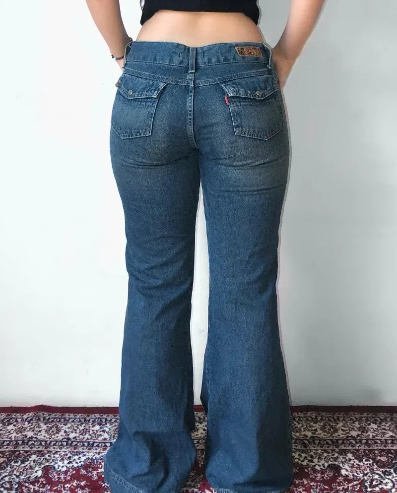 LIZAKOSHT  -  Y2K Harajuku Vintage Hip Hop Casual Slim High Waisted Jeans Streetwear Fashion Blue Washed Flowers Embroidered Baggy Jeans Women