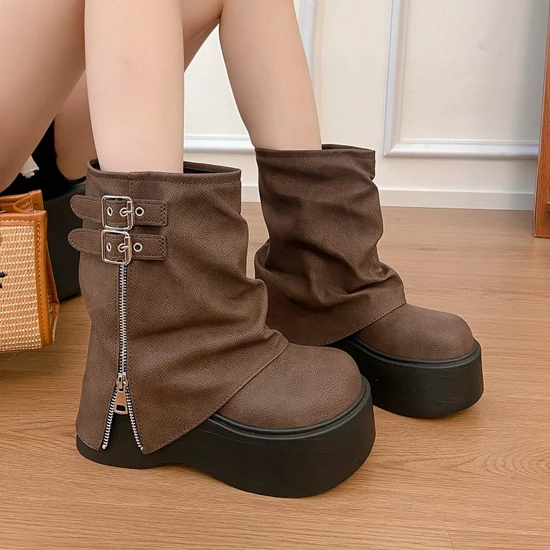 LIZAKOSHT  -  Autumn Winter Chunky Thick Sole Women Pipe Ankle Boots Designer Belt Buckle Platform Heel Shoes Modern Short Botas Para Mujer