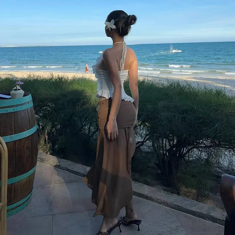 LIZAKOSHT  -  Fashion Elegant 2-Piece Set Women Cross Halter Hollow Ruffles Irregular Hem Vests+Folds Mesh Long Skirt Vacation Matching Suits
