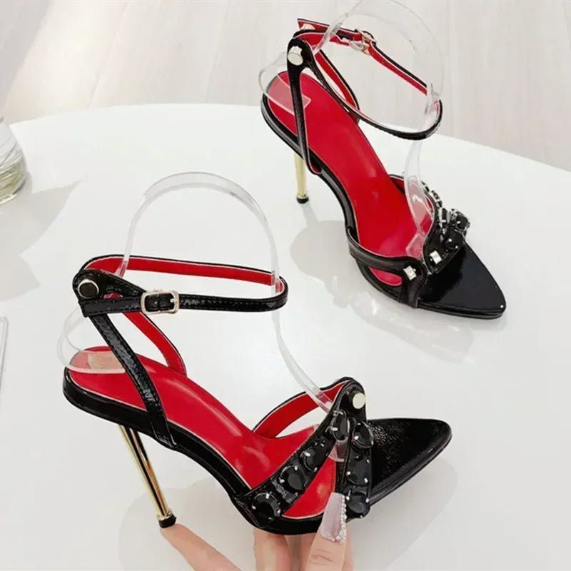 LIZAKOSHT  -  Luxury Designer High Heels Women Sexy Pointed Toe Thin High Party Dress Shoes Metal Rivet Brand Jewel Sandals Women