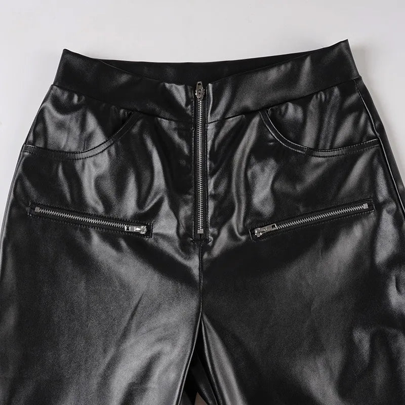 LIZAKOSHT  -  Women Fashion Black PU Leather Slim Flare Pants Zippers High Waist Peach Hips Stretch Boot Cut Skinny Trousers Casual Streetwear