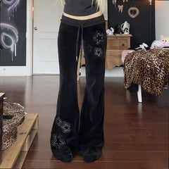 LIZAKOSHT  -  UShaped Star Rhinestone Velvet Low Waist Slim Flared Pants Trousers Jumpsuit Playsuit