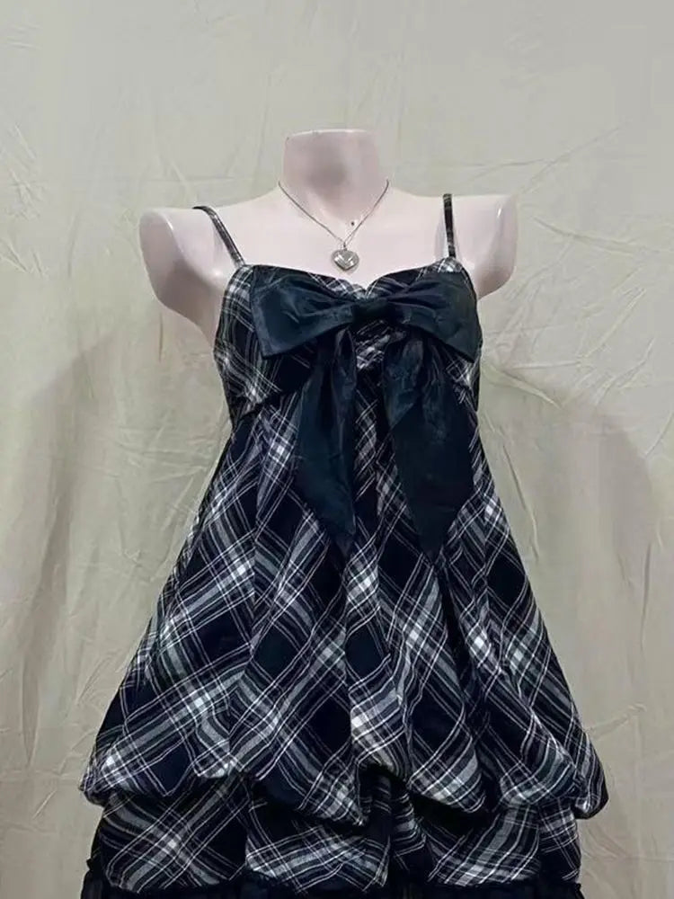LIZAKOSHT  -  Vintage Sling Womens Dresses Plaid Bow Goth Punk Y2k Harajuku Korea Sleeveless Backless Sexy 2000s Mini Dress Summer Grunge Emo