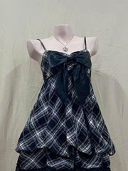 LIZAKOSHT  -  Vintage Sling Womens Dresses Plaid Bow Goth Punk Y2k Harajuku Korea Sleeveless Backless Sexy 2000s Mini Dress Summer Grunge Emo