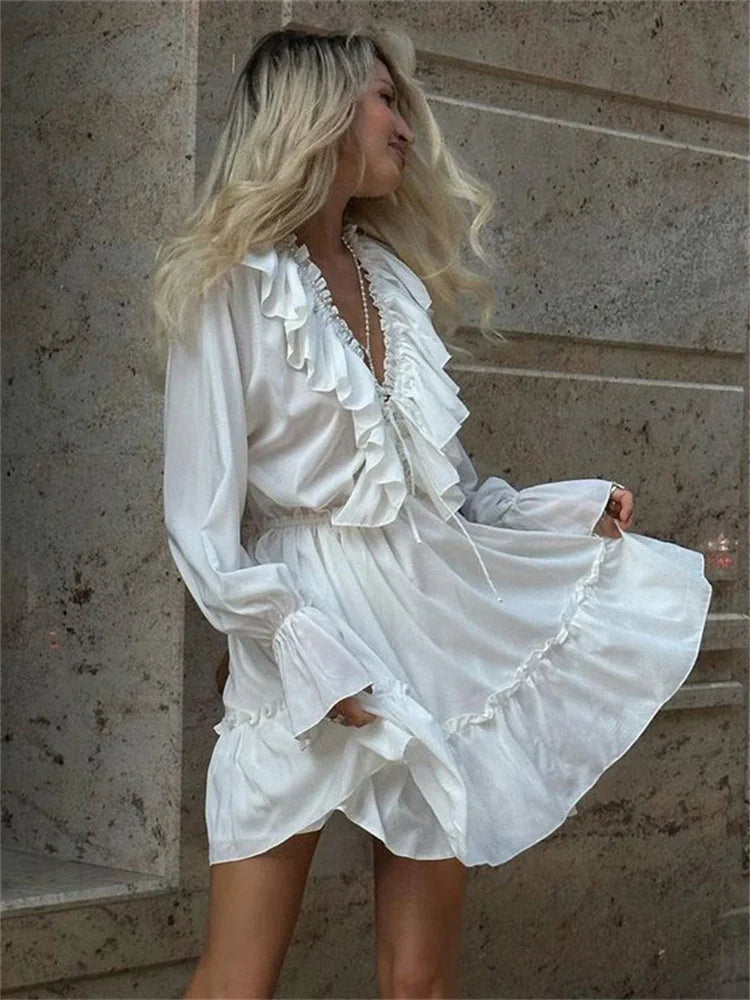 LIZAKOSHT Ruffled V-Neck White Mini Dress Female Patchwork Long Sleeve Elegant Bandage Fashion Dress High Waist Lace-Up Women Dress