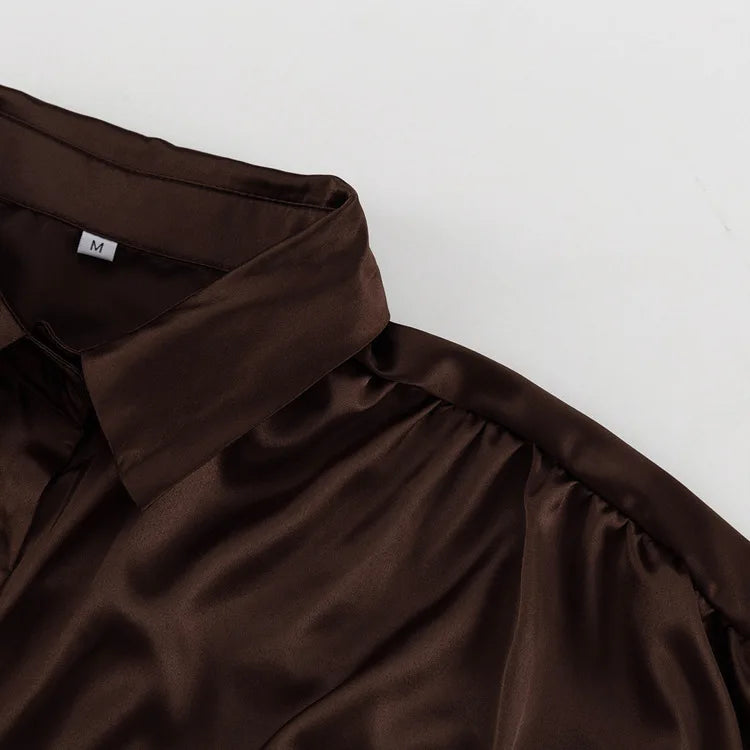 LIZAKOSHT  -  Retro Brown Shirt For Women 2025 New Summer Casual Solid Loose Single Breasted Blouse Simple Turn-down Collar Long Sleeve Shirts