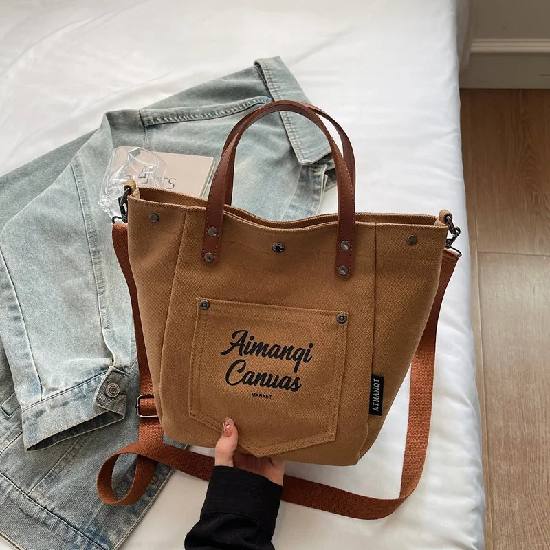 Fashion Canvas Shoulder Bag Women Winter Large Capacity Crossbody Bag for Work Commute Comfortable Versatile Texture Bucket Bag