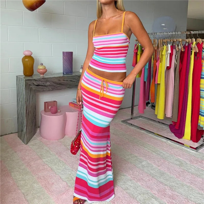 LIZAKOSHT  -  Y2K Sleeveless Spaghetti Strap Tank Tops and Drawstring Long Skirt Set Women’s 2 Piece Summer Outfits Vacation Beachwear