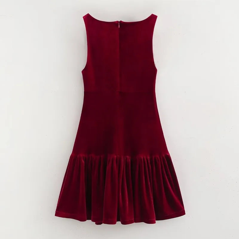 LIZAKOSHT  -  Women Christmas Red A-line Mini Dress Winter New Women Fashion Simple Sleeveless Slim Velvet Bow Short Dress Vestidos