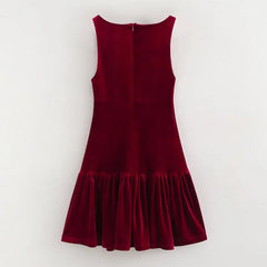 LIZAKOSHT  -  Women Christmas Red A-line Mini Dress Winter New Women Fashion Simple Sleeveless Slim Velvet Bow Short Dress Vestidos
