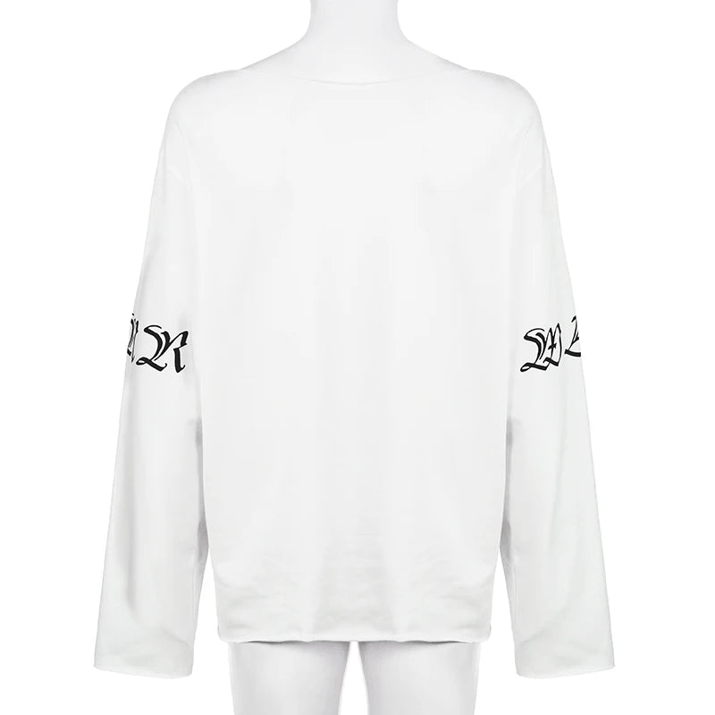 LIZAKOSHT  -  Vintage Letter Print Casual Tops Streetwear Off Shoulder Full Sleeve T-shirts All-match American Style Long Tees Autumn
