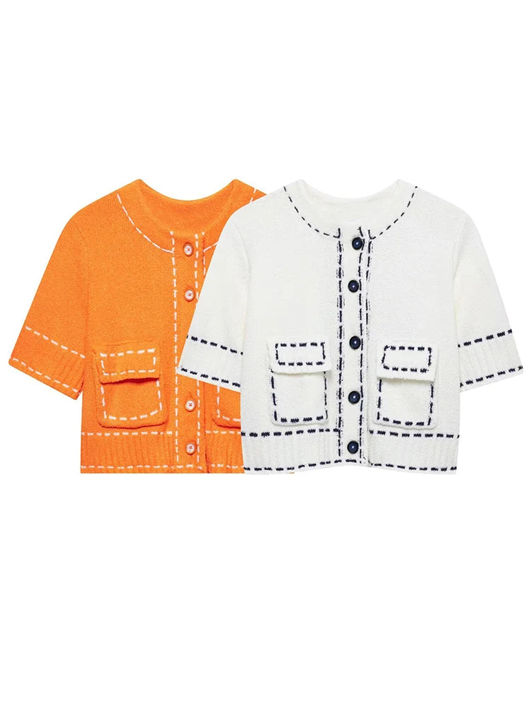 LIZAKOSHT  -  Elegant Knitted Cardigan Coat Women Fashion Single-Breasted Pockets Short Sleeve Crop Sweater 2025 New Summer Casual Slim Tops