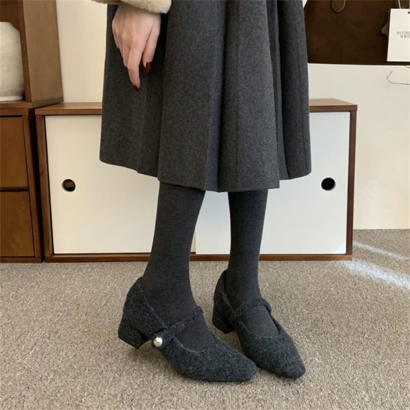 LIZAKOSHT  -  Autumn Winter New Korean Version French Light Luxury Retro Niche Design High-heeled Square Plush Single Shoes Women's Shoes