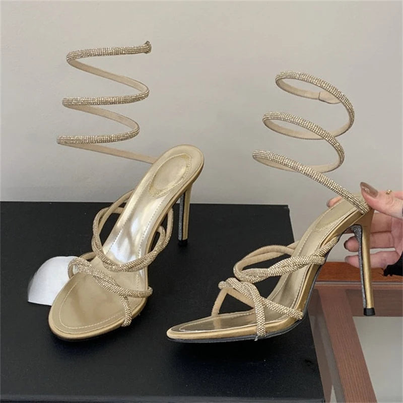 LIZAKOSHT  -  Summer Luxury Rhinestones Snake Coiled Ankle Strap Stiletto Heeled Women Gladiator Sandals Party Banquet Prom Shoes