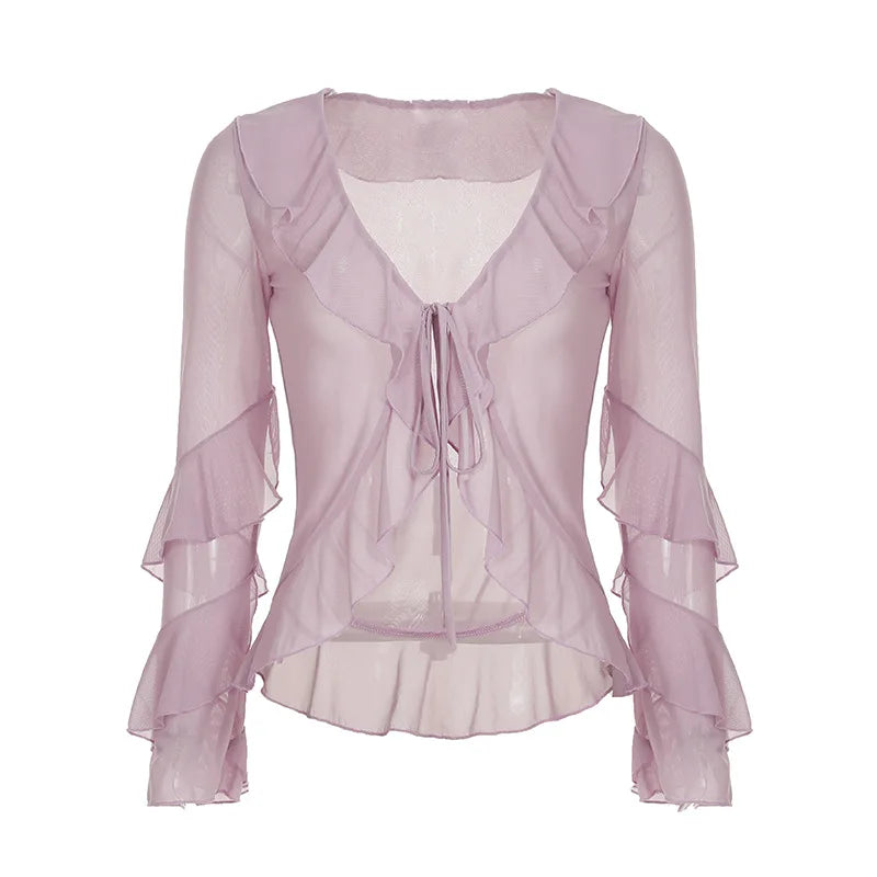 LIZAKOSHT  -  Fairy Temperament Ruffle V Neck Long Sleeve Mesh Thin Shirts Y2k Summer Elegant Simple Lace Up Cardigan Harajuku Punk Street Top