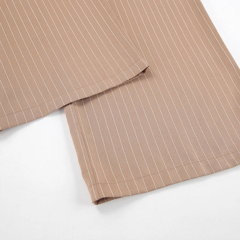 LIZAKOSHT  -  Office Lady Summer Striped Solid V Neck Buttons Sleeveless T-shirt and High Waist Wide Leg Pants Two Piece Sets For Women
