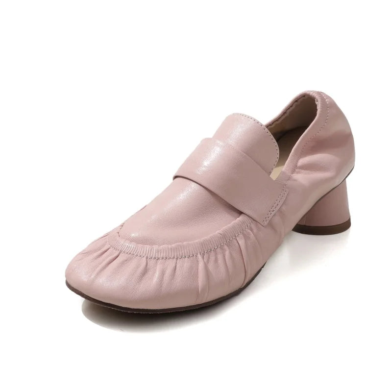LIZAKOSHT  -  Fashion Loafers Women's New High Quality Genuine Soft Leather Shoes Round Head Ruched  High Heels Casual Shoes Women