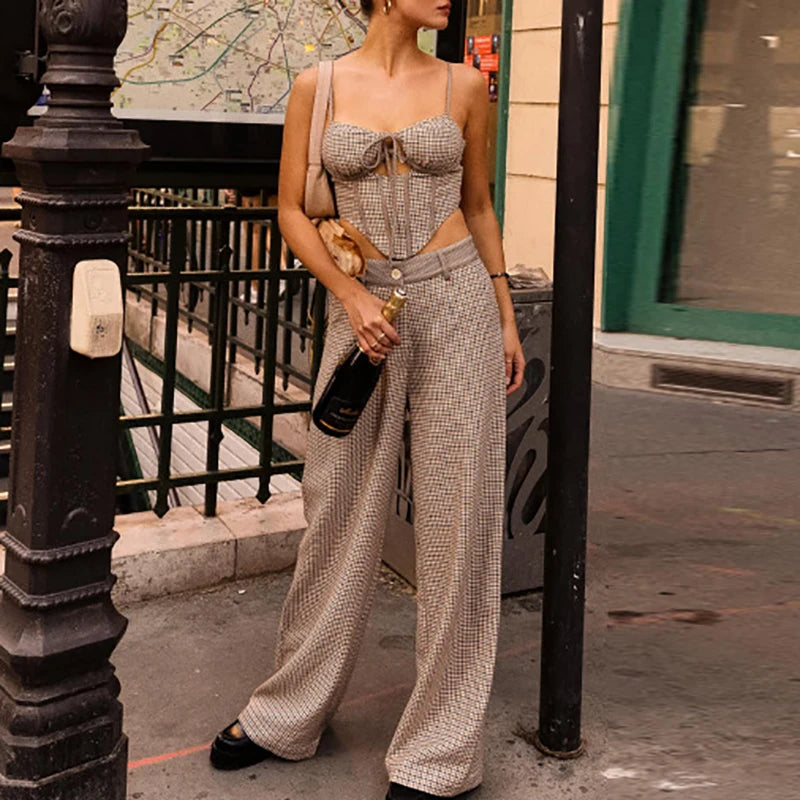 LIZAKOSHT  -  Tracksuit Women Suspender Square Collar Blouse &Button Pants Suit High Street Houndstooth 2-Piece Temperament Suit Lady